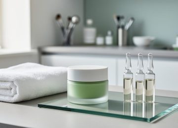 Minimalist skincare products and ampoules arranged on a white spa treatment tray with soft green accents, photographed in a calm salon setting.