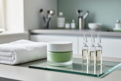 Minimalist skincare products and ampoules arranged on a white spa treatment tray with soft green accents, photographed in a calm salon setting.