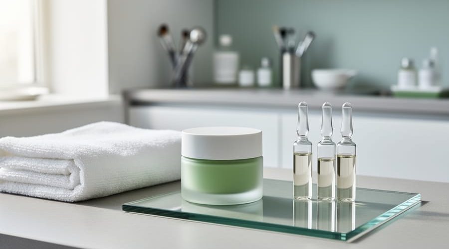 Minimalist skincare products and ampoules arranged on a white spa treatment tray with soft green accents, photographed in a calm salon setting.