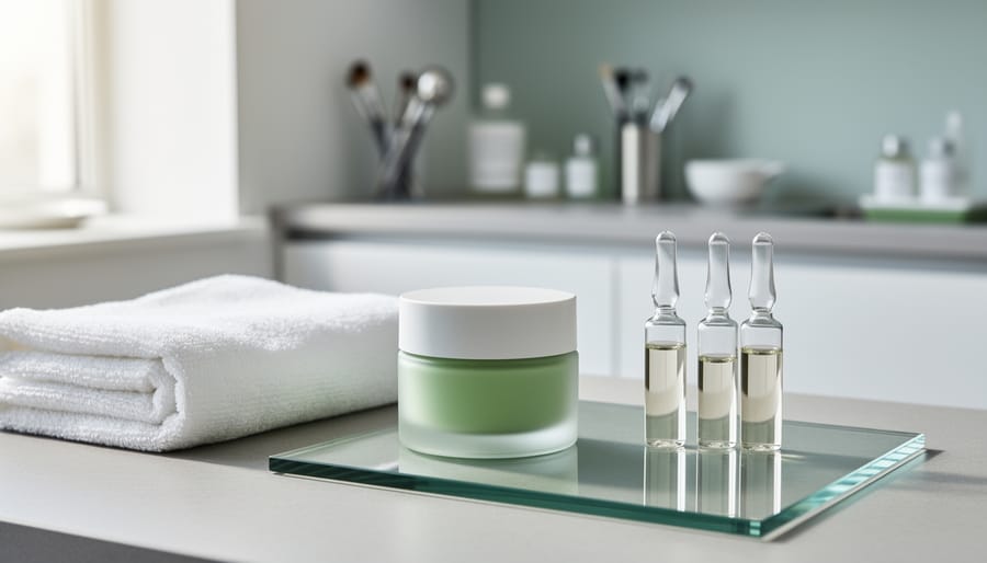 Minimalist skincare products and ampoules arranged on a white spa treatment tray with soft green accents, photographed in a calm salon setting.