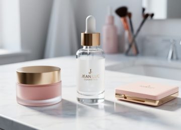 Vegan skincare and makeup products, including a dropper bottle and beauty jar, arranged on a white marble surface in soft natural light.