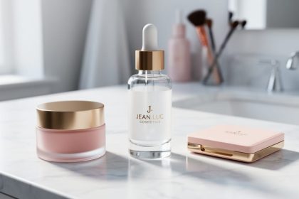Vegan skincare and makeup products, including a dropper bottle and beauty jar, arranged on a white marble surface in soft natural light.
