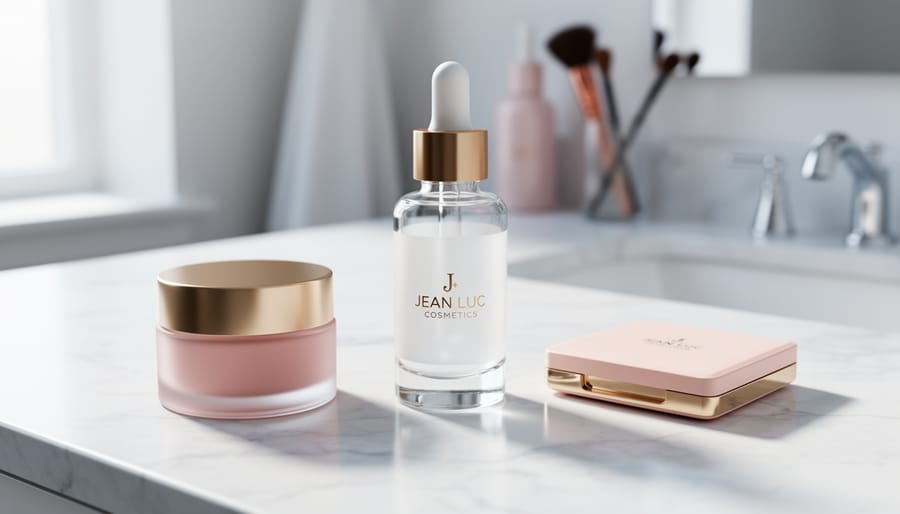 Vegan skincare and makeup products, including a dropper bottle and beauty jar, arranged on a white marble surface in soft natural light.