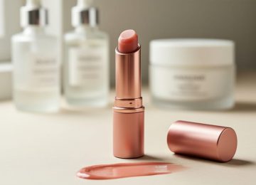 Close-up of a lip balm tube and glossy tinted lip butter swatch on nude-pink lips, with a softly blurred vanity background.