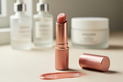 Close-up of a lip balm tube and glossy tinted lip butter swatch on nude-pink lips, with a softly blurred vanity background.