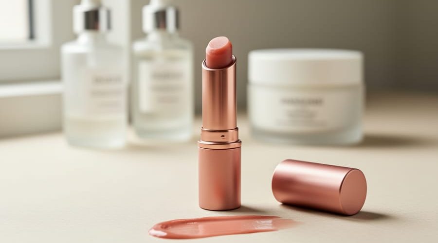 Close-up of a lip balm tube and glossy tinted lip butter swatch on nude-pink lips, with a softly blurred vanity background.