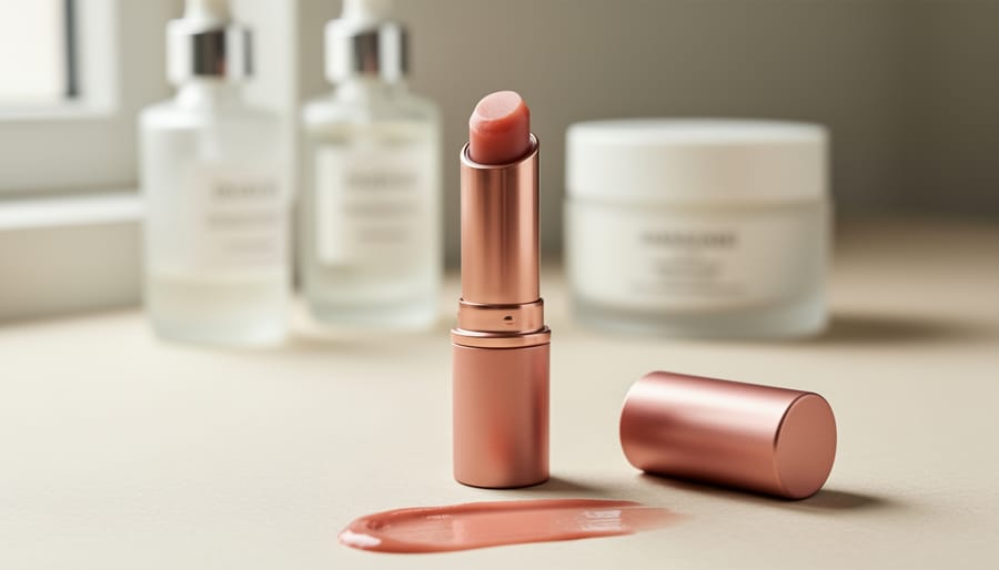 Close-up of a lip balm tube and glossy tinted lip butter swatch on nude-pink lips, with a softly blurred vanity background.