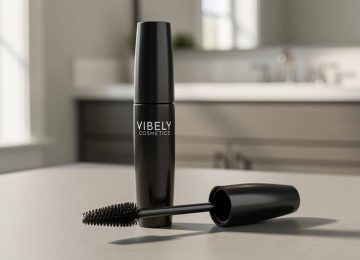 Close-up of Lash Cosmetics Vibely Mascara tube and dual-fiber wand on a clean vanity under soft daylight.