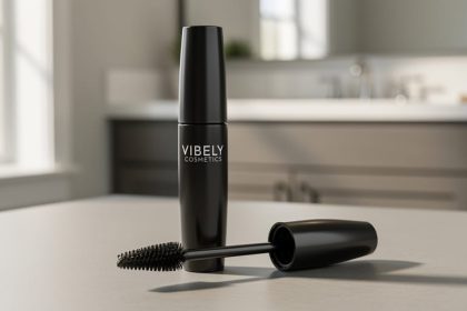 Close-up of Lash Cosmetics Vibely Mascara tube and dual-fiber wand on a clean vanity under soft daylight.