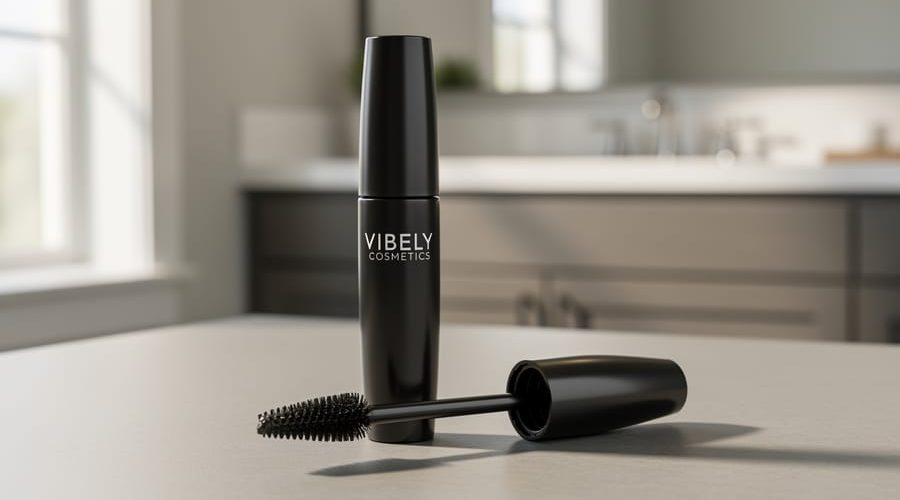 Close-up of Lash Cosmetics Vibely Mascara tube and dual-fiber wand on a clean vanity under soft daylight.
