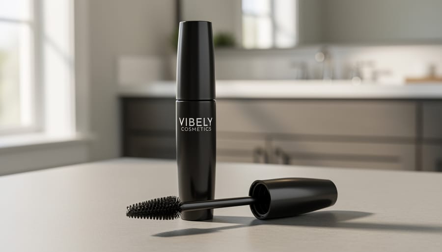 Close-up of Lash Cosmetics Vibely Mascara tube and dual-fiber wand on a clean vanity under soft daylight.