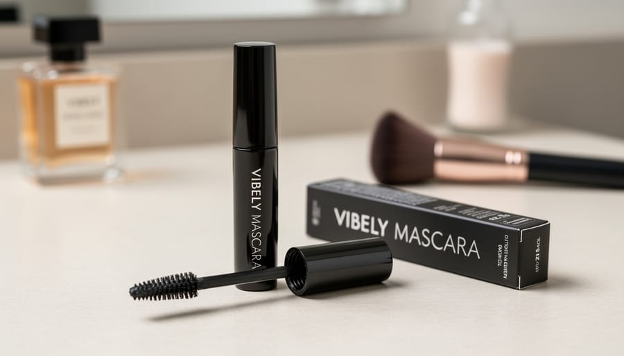 Lash Cosmetics Vibely Mascara tube and dual-brush wand on a clean vanity with soft daylight.