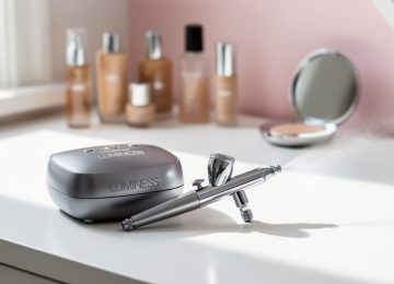 Sleek Luminess airbrush makeup compressor and airbrush gun on a clean vanity with softly blurred skincare items in the background.