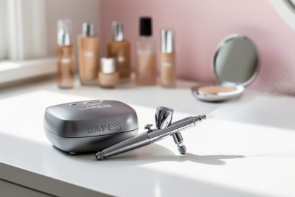 Sleek Luminess airbrush makeup compressor and airbrush gun on a clean vanity with softly blurred skincare items in the background.