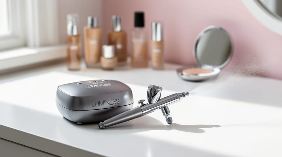 Sleek Luminess airbrush makeup compressor and airbrush gun on a clean vanity with softly blurred skincare items in the background.