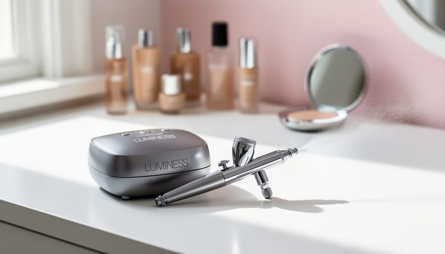 Sleek Luminess airbrush makeup compressor and airbrush gun on a clean vanity with softly blurred skincare items in the background.