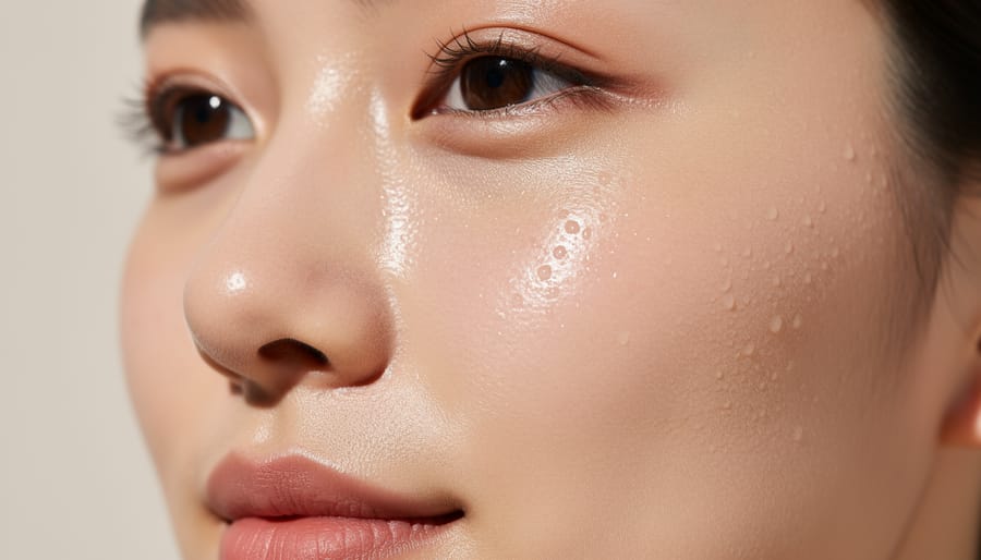 Macro close-up of a model's cheek with dewy hydrated skin while applying a clear skincare gel