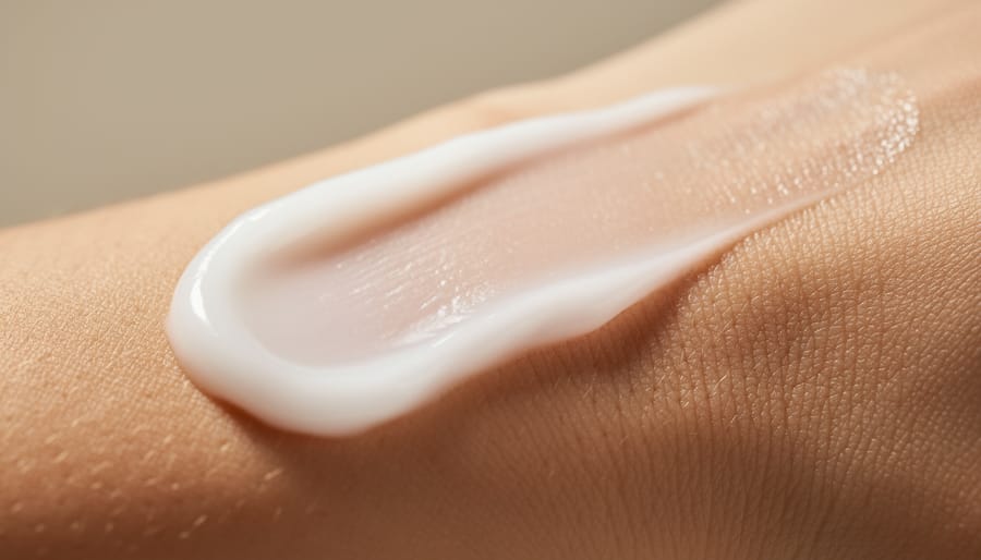 Macro close-up of creamy lip butter being applied to lips on a clean beauty setting