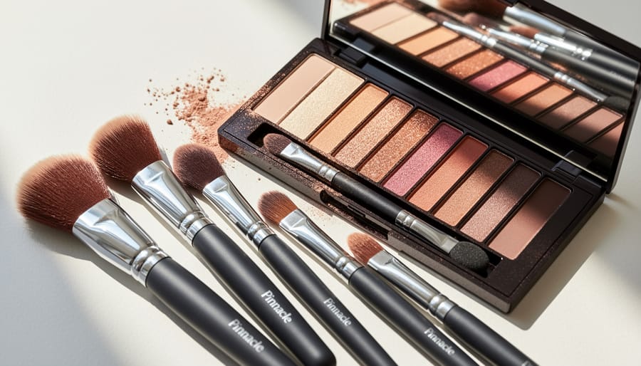 Macro close-up of gloved hands holding a cosmetic brush and makeup palette with visible brush bristles and palette texture