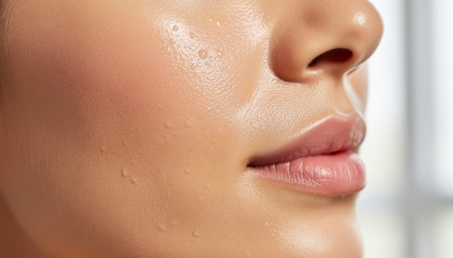 Macro close-up of natural skin texture with soft sheen under studio lighting