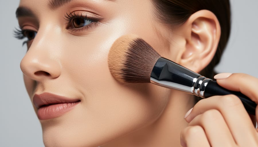 Makeup artist applying foundation to a model’s cheek with a complexion brush