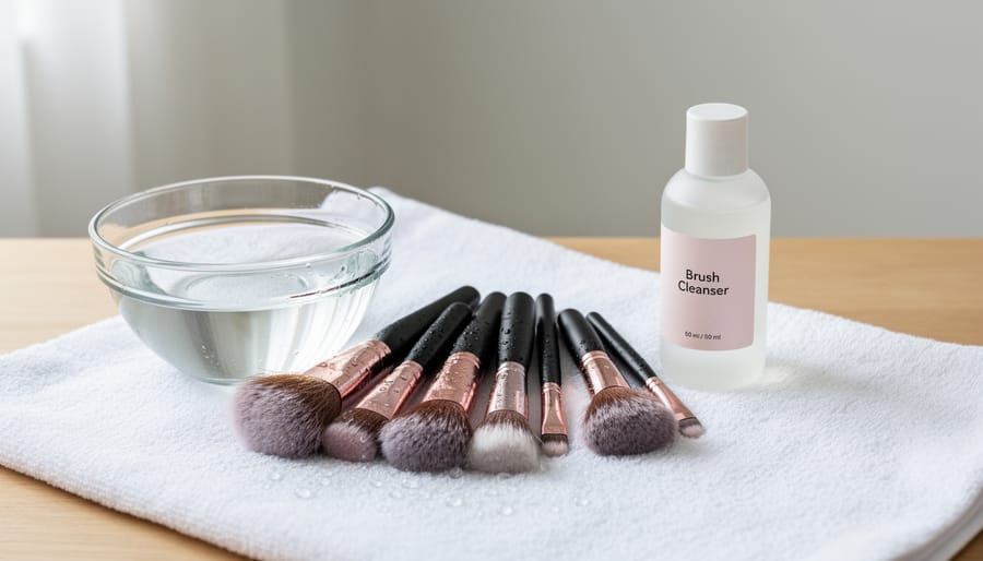 Makeup brush drying beside a sink with cleanser water and a microfiber towel