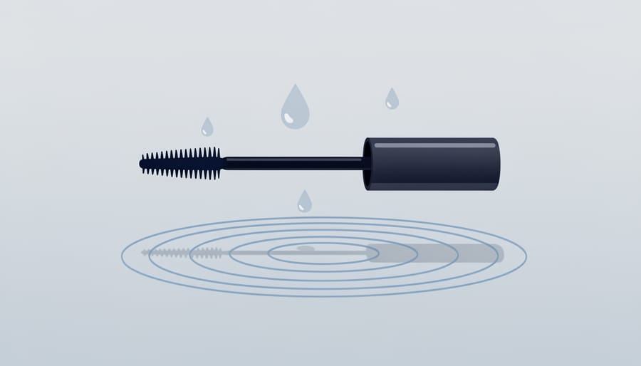 Mascara wand near water on a dark countertop with visible water droplets and dramatic lighting.