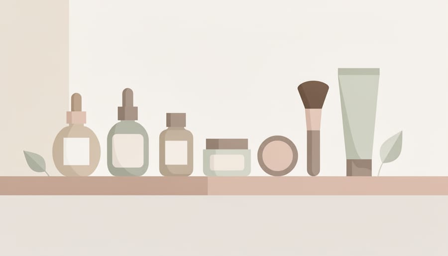 Minimal clean-beauty shelf with skincare jars, reusable cotton pads, and a small bunny figurine next to makeup items.