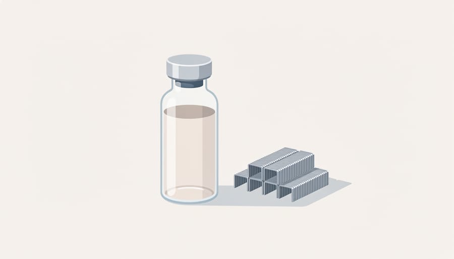 Minimalist skincare scene with a small vial on a white ceramic surface beside blurred skincare items