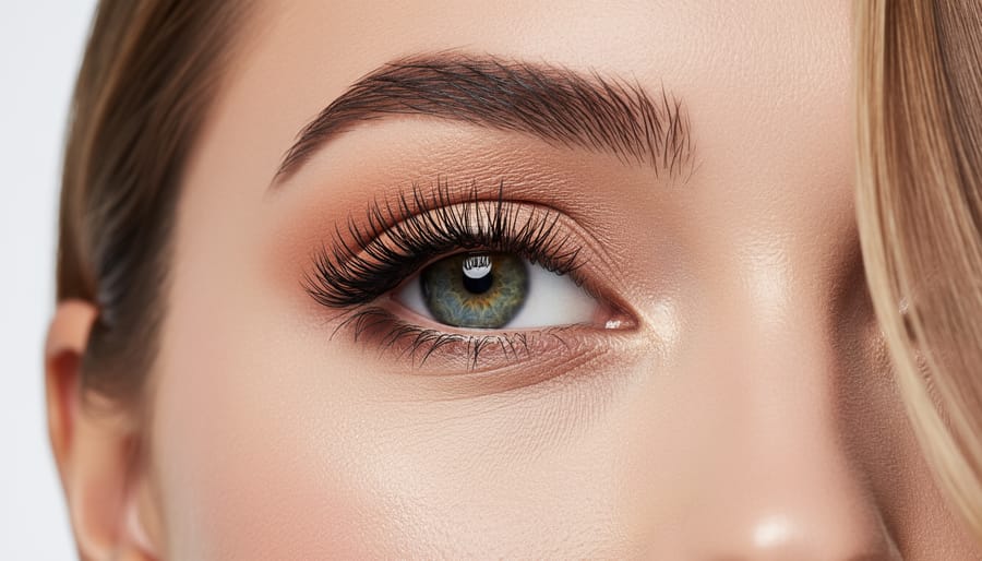 Model’s lashes visibly coated with mascara in an editorial-style close-up.