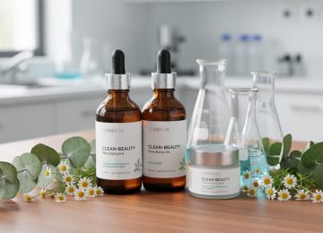 Clean beauty skincare bottles and a cream jar on a wooden surface with eucalyptus leaves and chamomile flowers, with a softly blurred modern manufacturing-lab background.