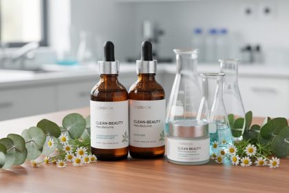 Clean beauty skincare bottles and a cream jar on a wooden surface with eucalyptus leaves and chamomile flowers, with a softly blurred modern manufacturing-lab background.