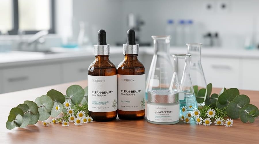 Clean beauty skincare bottles and a cream jar on a wooden surface with eucalyptus leaves and chamomile flowers, with a softly blurred modern manufacturing-lab background.