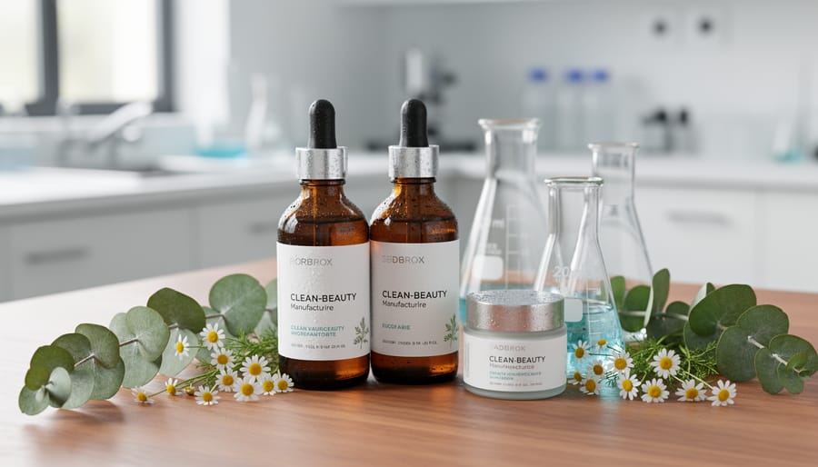 Clean beauty skincare bottles and a cream jar on a wooden surface with eucalyptus leaves and chamomile flowers, with a softly blurred modern manufacturing-lab background.