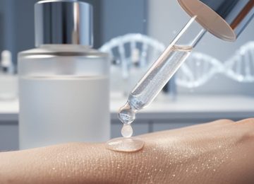 Skincare serum bottle and dropper with a glossy droplet landing on dewy skin texture, with subtle DNA-inspired light forms in the background.