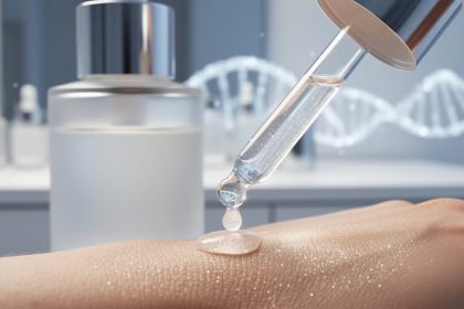 Skincare serum bottle and dropper with a glossy droplet landing on dewy skin texture, with subtle DNA-inspired light forms in the background.