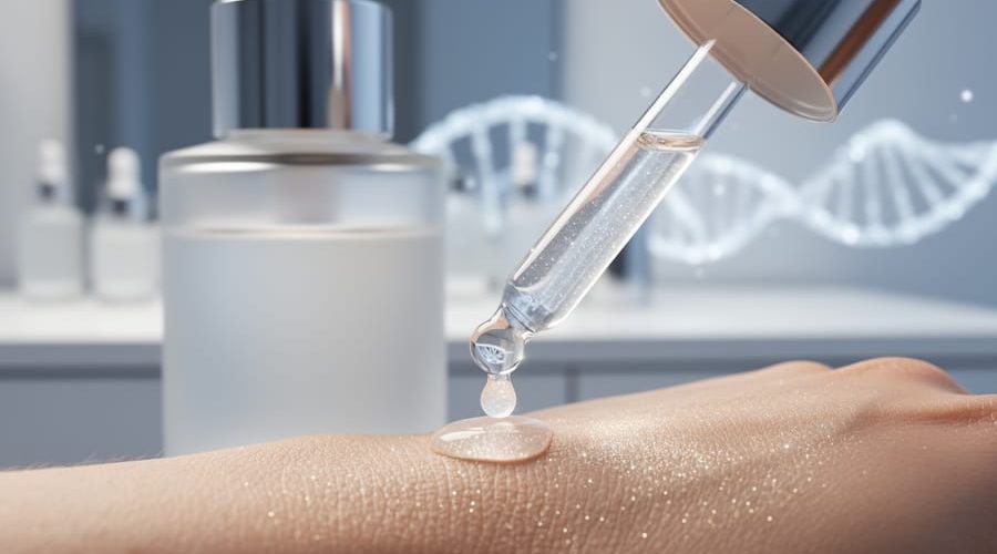 Skincare serum bottle and dropper with a glossy droplet landing on dewy skin texture, with subtle DNA-inspired light forms in the background.