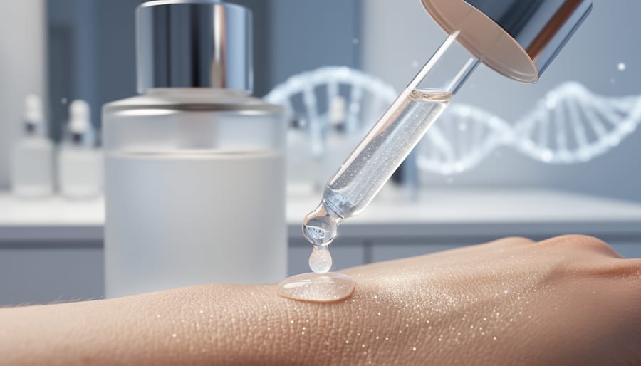 Skincare serum bottle and dropper with a glossy droplet landing on dewy skin texture, with subtle DNA-inspired light forms in the background.