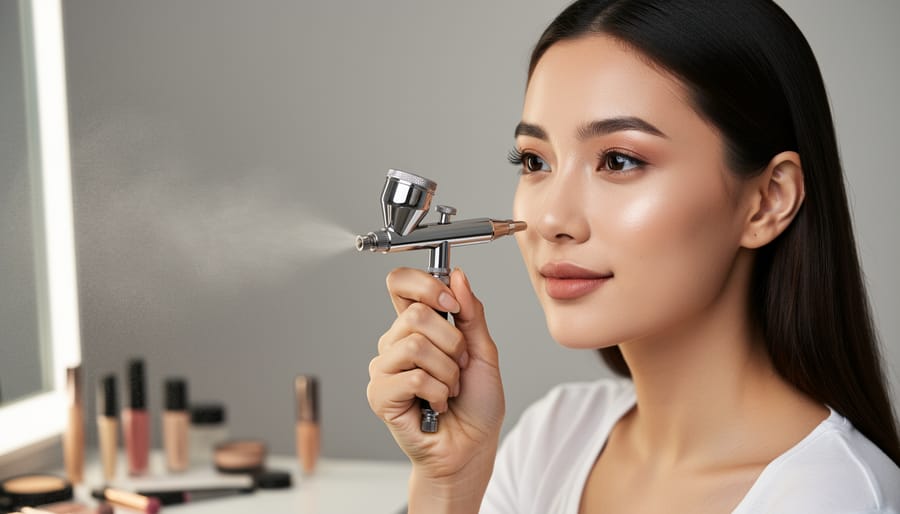 Person applying airbrush makeup to their cheek with a handheld device