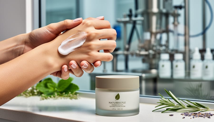 Person’s hands applying moisturizer to the back of a hand with a natural herb sprig nearby