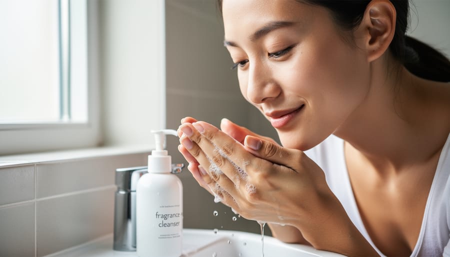 Person washing their face with a white cleanser at a bathroom sink