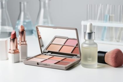 Close-up of a makeup palette, lipsticks, a makeup brush, and a skincare dropper bottle arranged on a clean studio surface.