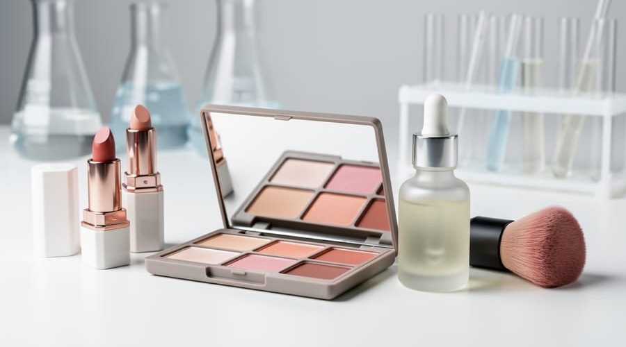 Close-up of a makeup palette, lipsticks, a makeup brush, and a skincare dropper bottle arranged on a clean studio surface.