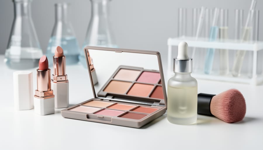 Close-up of a makeup palette, lipsticks, a makeup brush, and a skincare dropper bottle arranged on a clean studio surface.