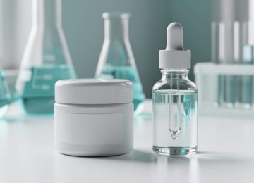 Close-up of a clear skincare dropper bottle and ingredient capsule jar on a clean lab bench with blurred glassware in the background.