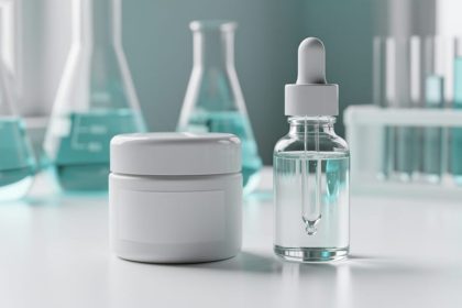 Close-up of a clear skincare dropper bottle and ingredient capsule jar on a clean lab bench with blurred glassware in the background.