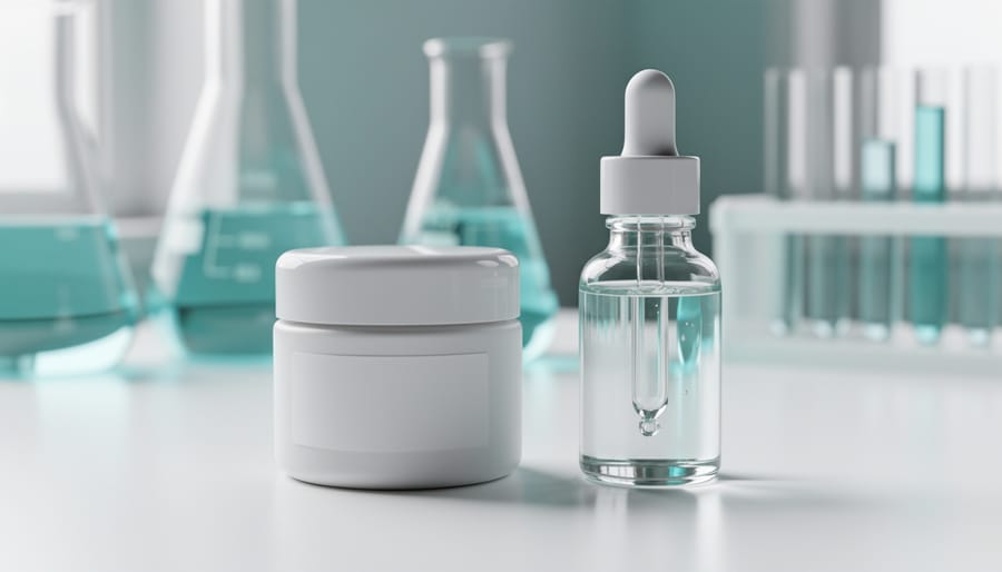 Close-up of a clear skincare dropper bottle and ingredient capsule jar on a clean lab bench with blurred glassware in the background.