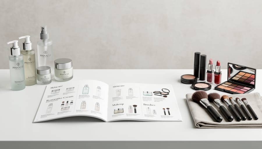 Skincare and makeup products, including cosmetic jars and brushes, arranged on a clean vanity in a modern Toronto-style studio setting