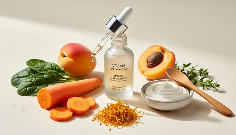 Skincare bottles and plant-based ingredients arranged on a minimalist counter