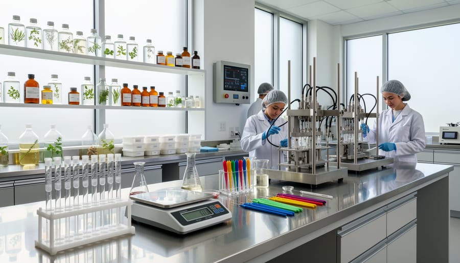 Skincare manufacturing tools and cosmetic jars on a modern lab-like work surface